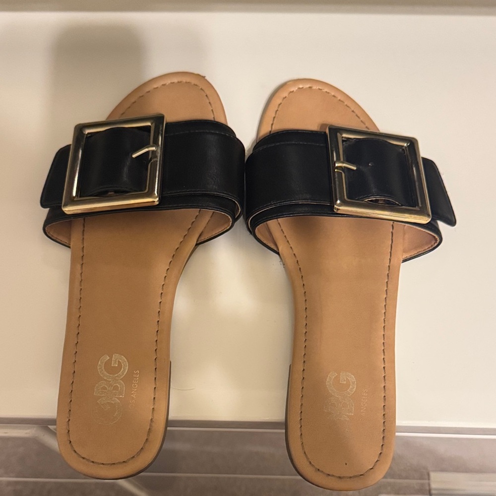 GBG Los Angeles Black and Tan Sandals with Gold Buckle
